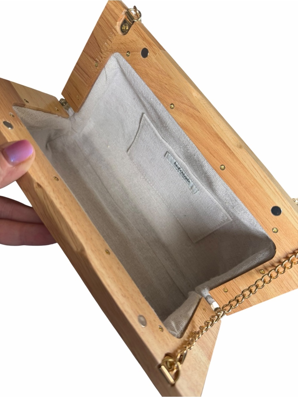 Haute Hippie Wood Frame Cream Woven Clutch Gold Chain Shoulder Bag Neutral Boho - Picture 7 of 11